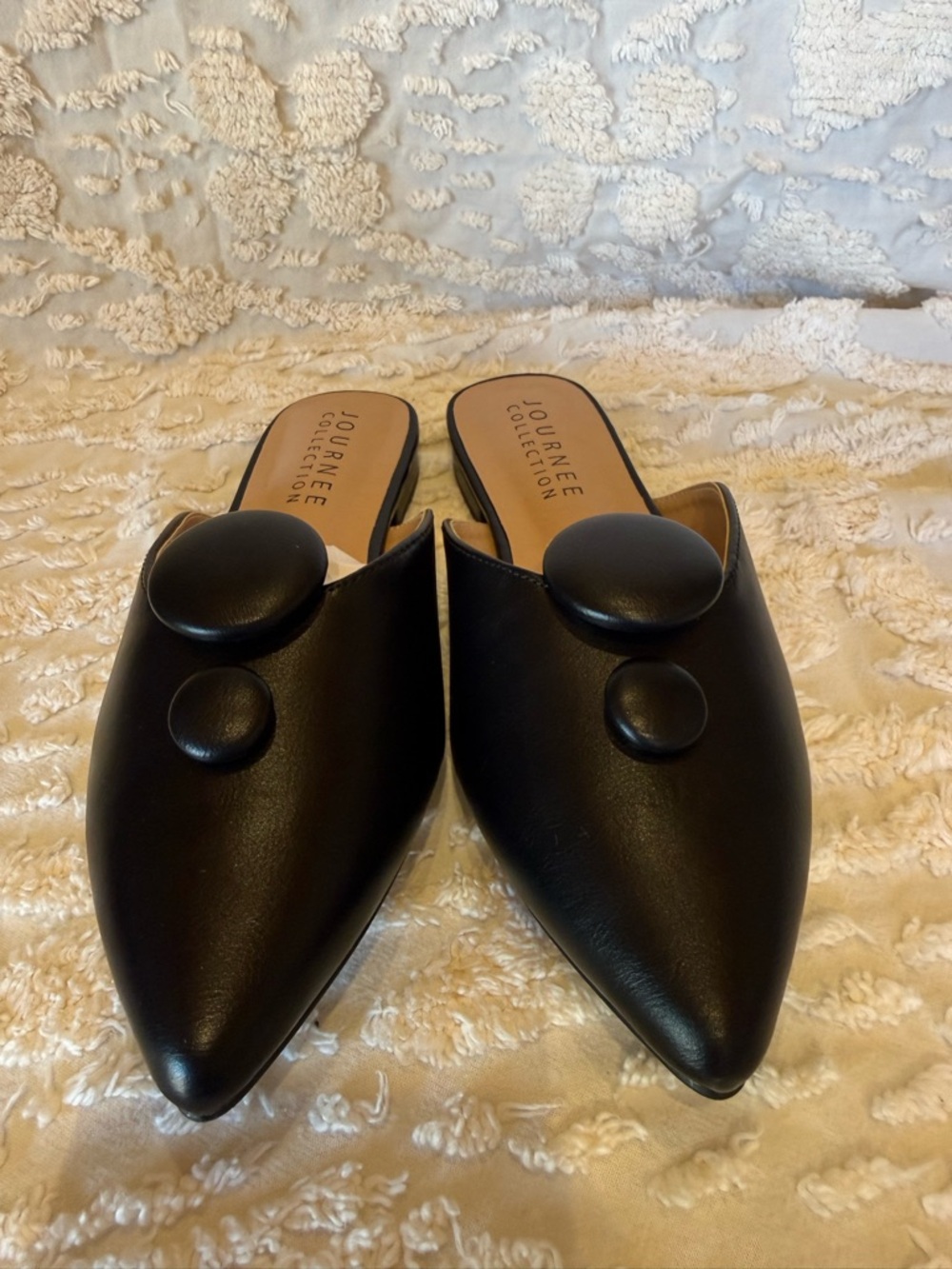 Journee Collection Black Pointed Faux Leather Slip-On Mules with Button #609